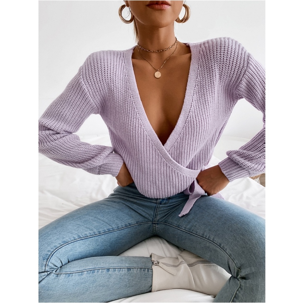 Lavender Knit Wrap V-Neck Crop Sweater - Picture 6 of 8